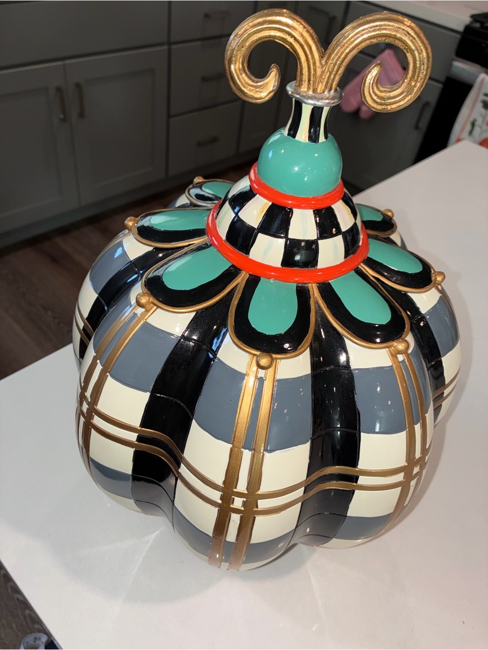 MacKenzie-Childs Black, Cream, Teal & Gold Courtly Plaid Pumpkin